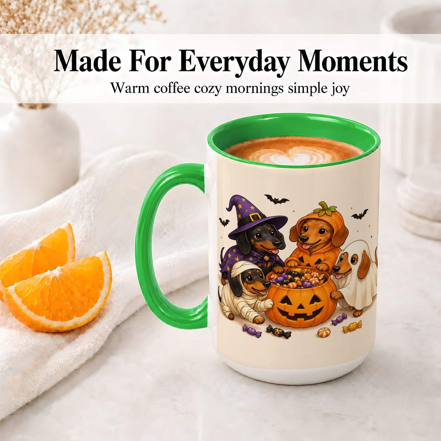 #pl[15oz|Green] Halloween Dachshunds Accent Mug, Ceramic Mug with Costume Dog Artwork