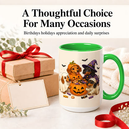 #pl[15oz|Green] Halloween Dachshunds Accent Mug, Ceramic Mug with Costume Dog Artwork