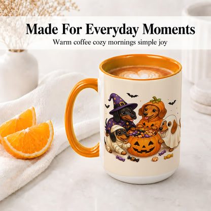 #pl[15oz|Orange] Halloween Dachshunds Accent Mug, Ceramic Mug with Costume Dog Artwork