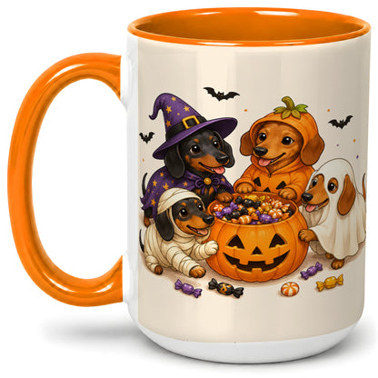 #pl[15oz|Orange] Halloween Dachshunds Accent Mug, Ceramic Mug with Costume Dog Artwork
