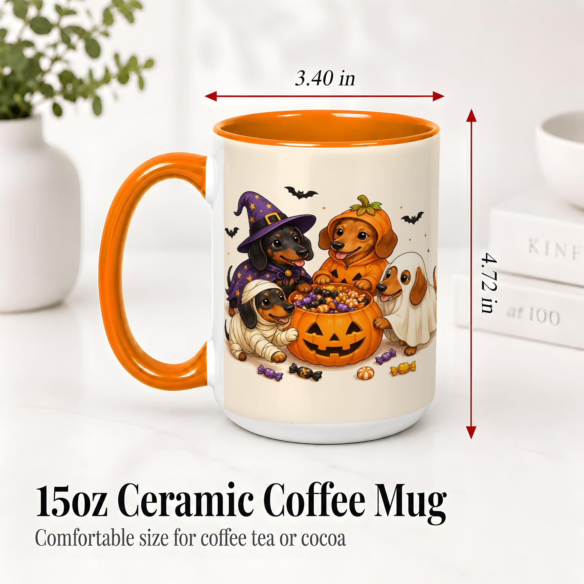 #pl[15oz|Orange] Halloween Dachshunds Accent Mug, Ceramic Mug with Costume Dog Artwork