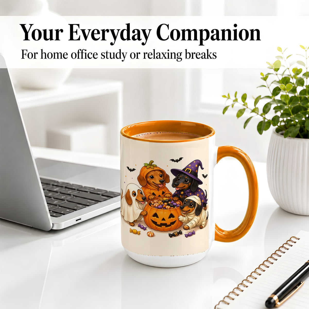 #pl[15oz|Orange] Halloween Dachshunds Accent Mug, Ceramic Mug with Costume Dog Artwork