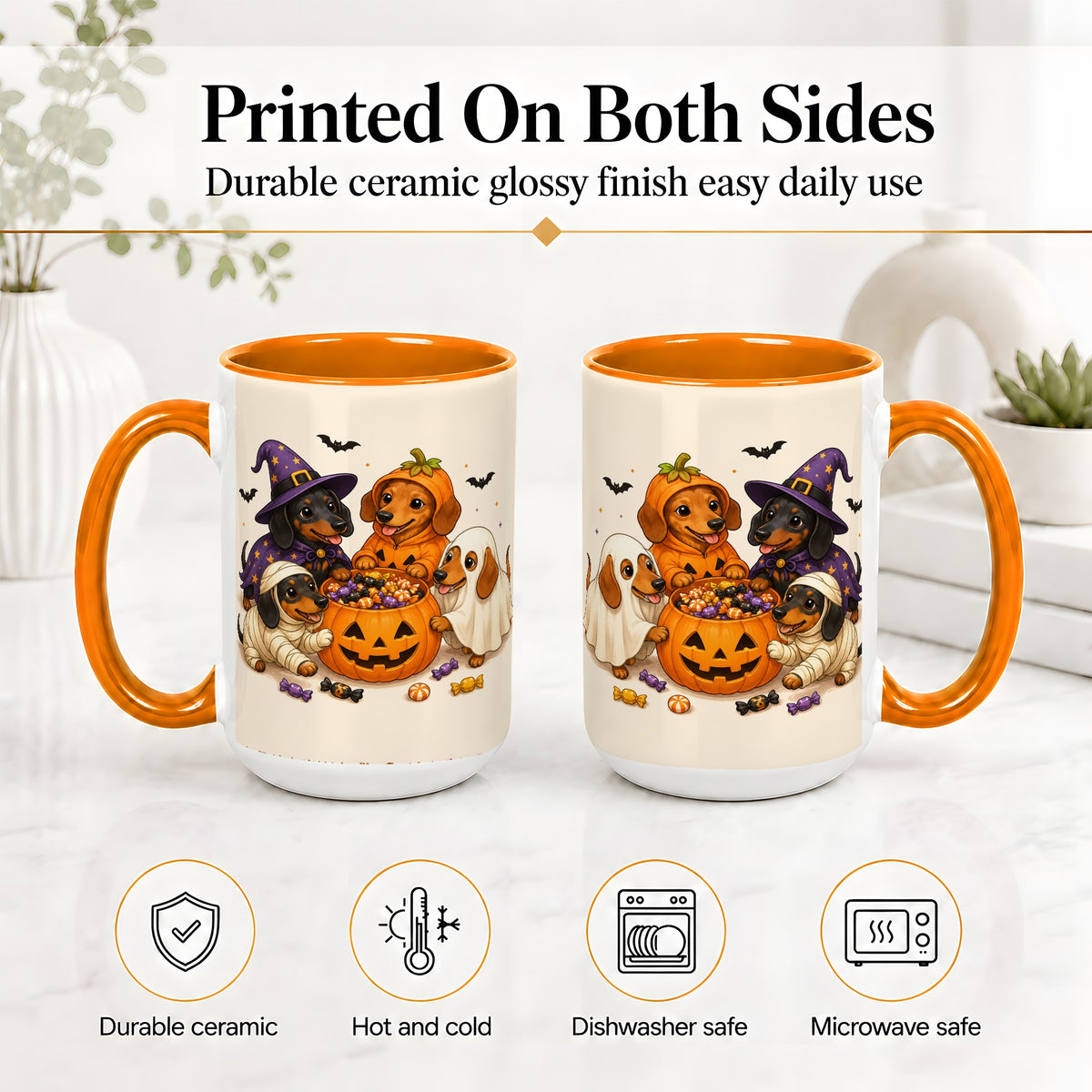 #pl[15oz|Orange] Halloween Dachshunds Accent Mug, Ceramic Mug with Costume Dog Artwork