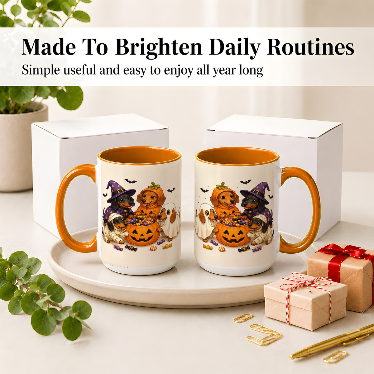 #pl[15oz|Orange] Halloween Dachshunds Accent Mug, Ceramic Mug with Costume Dog Artwork