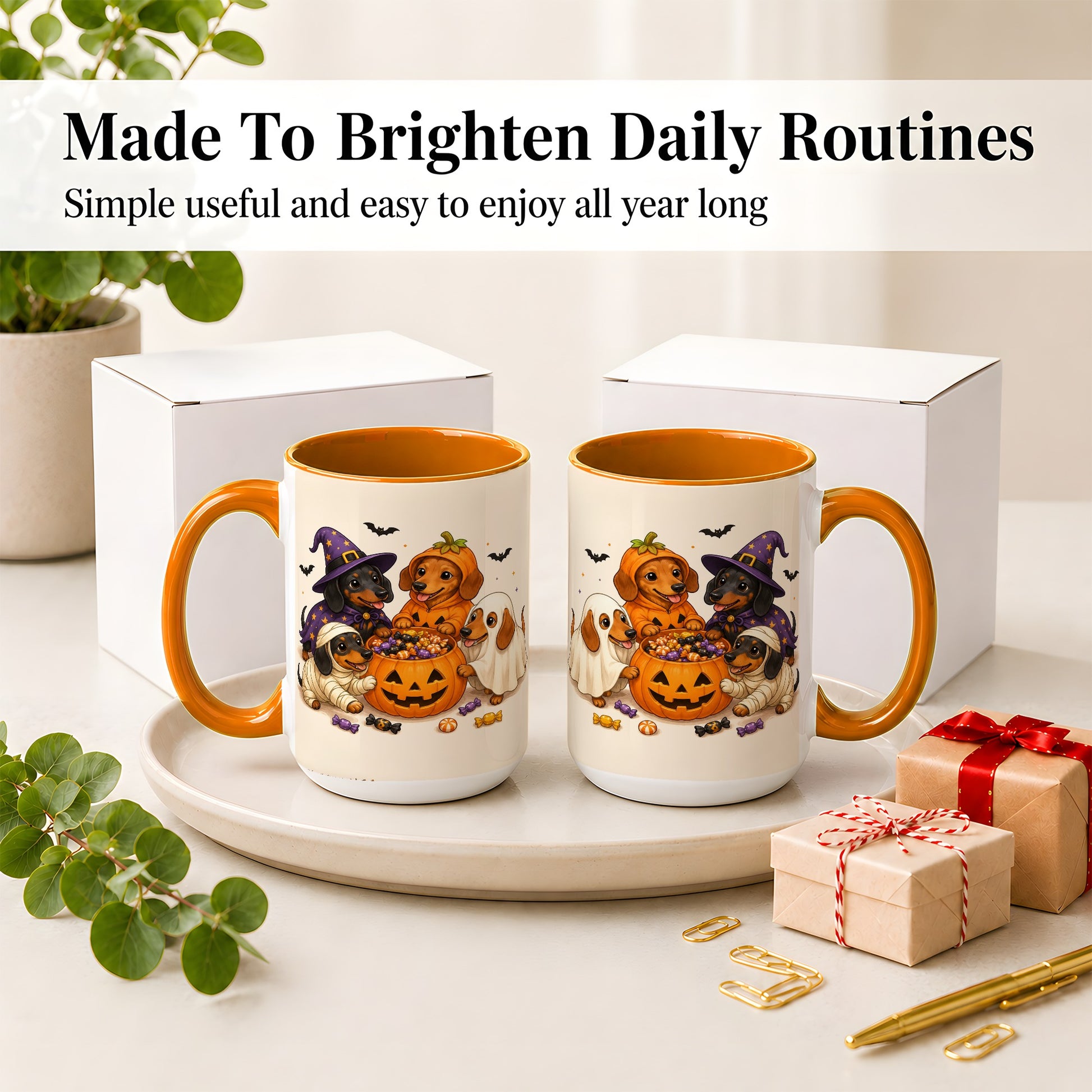 #pl[15oz|Orange] Halloween Dachshunds Accent Mug, Ceramic Mug with Costume Dog Artwork