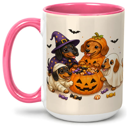 #pl[15oz|Pink] Halloween Dachshunds Accent Mug, Ceramic Mug with Costume Dog Artwork