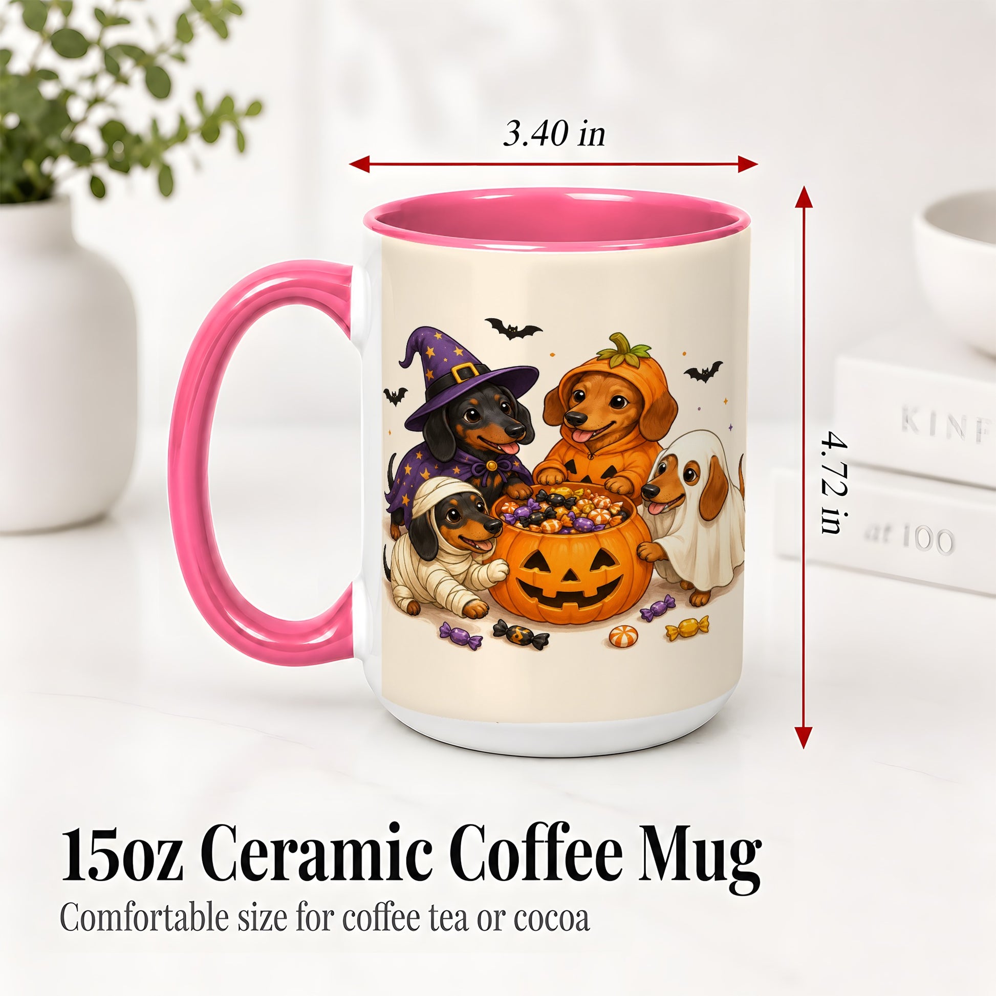 #pl[15oz|Pink] Halloween Dachshunds Accent Mug, Ceramic Mug with Costume Dog Artwork