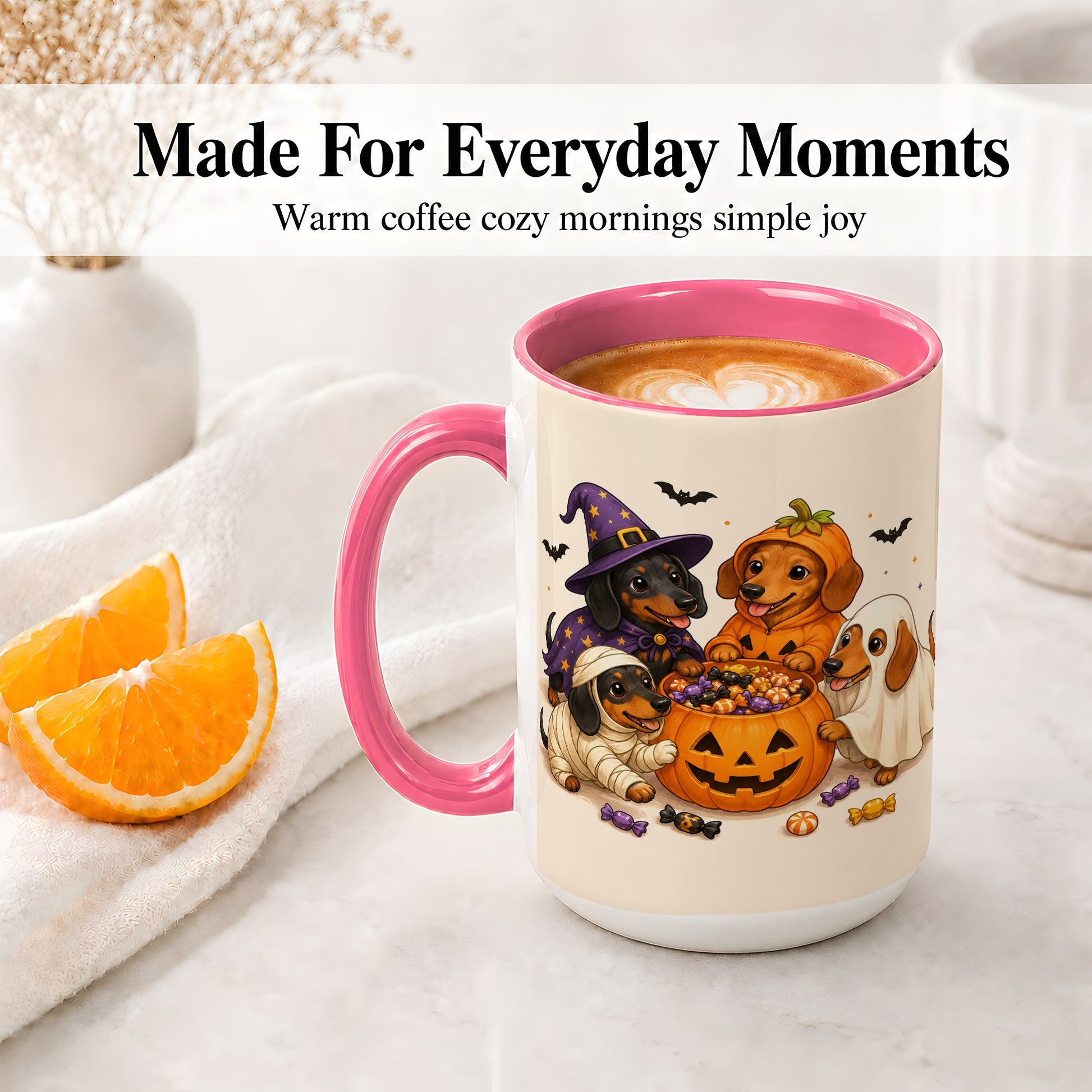 #pl[15oz|Pink] Halloween Dachshunds Accent Mug, Ceramic Mug with Costume Dog Artwork