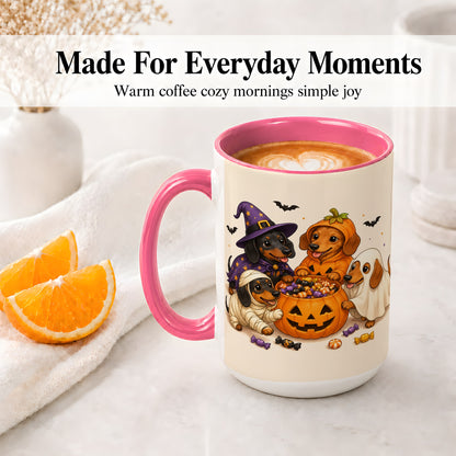 #pl[15oz|Pink] Halloween Dachshunds Accent Mug, Ceramic Mug with Costume Dog Artwork