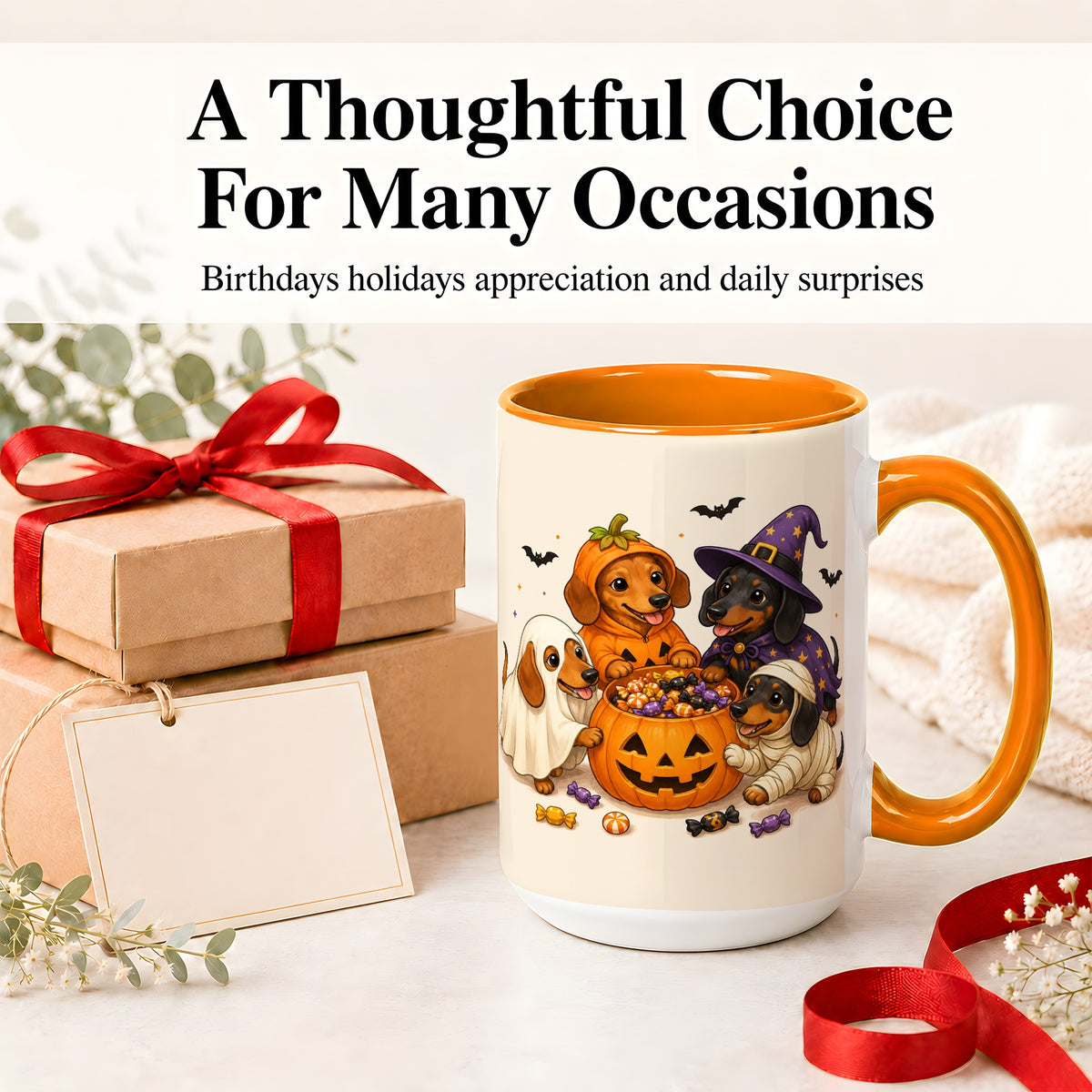 #pl[15oz|Orange] Halloween Dachshunds Accent Mug, Ceramic Mug with Costume Dog Artwork