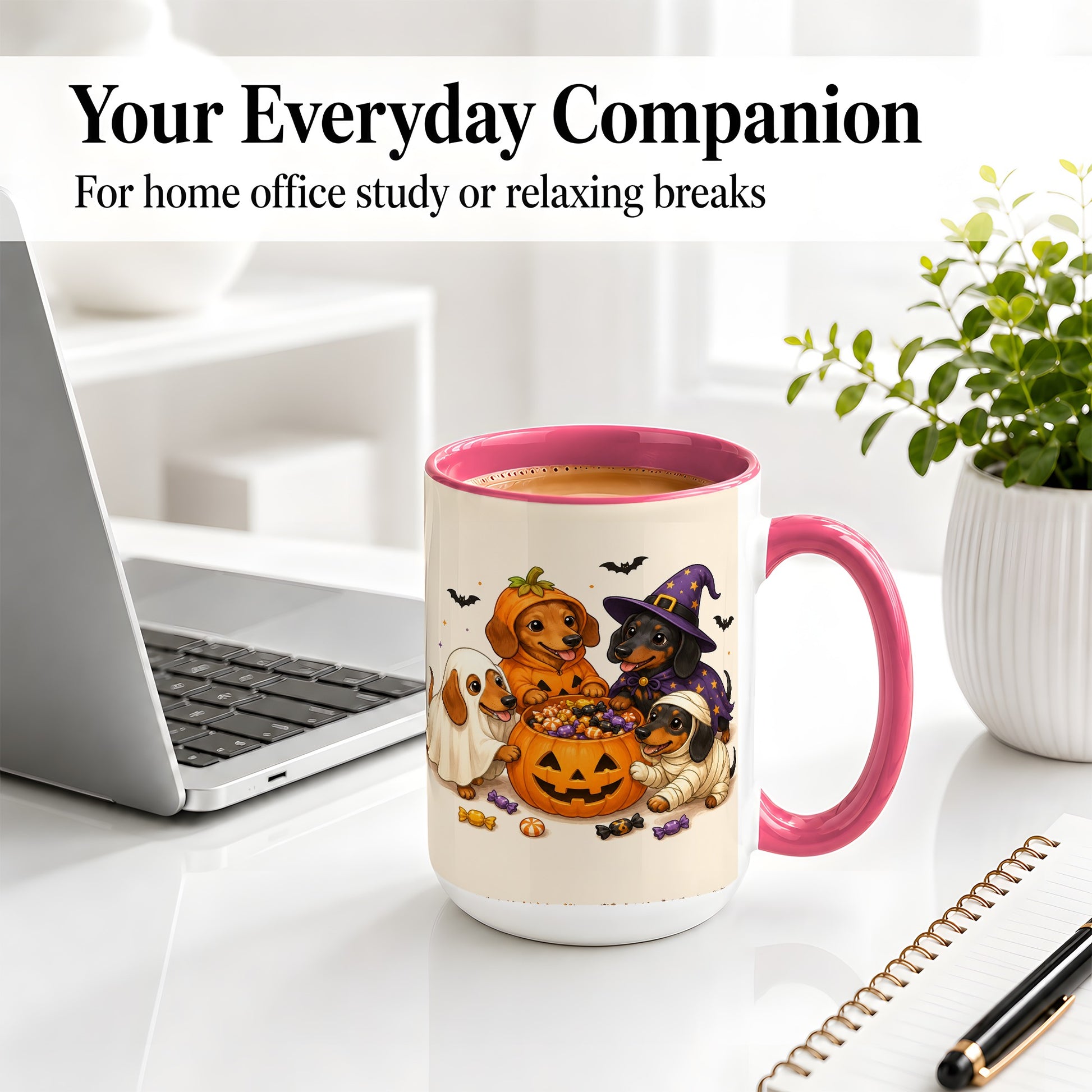 #pl[15oz|Pink] Halloween Dachshunds Accent Mug, Ceramic Mug with Costume Dog Artwork