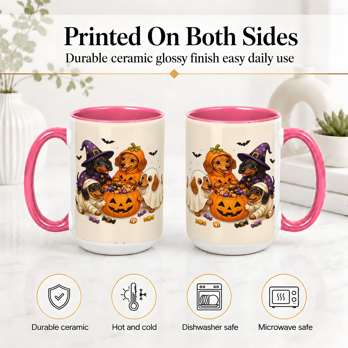 #pl[15oz|Pink] Halloween Dachshunds Accent Mug, Ceramic Mug with Costume Dog Artwork
