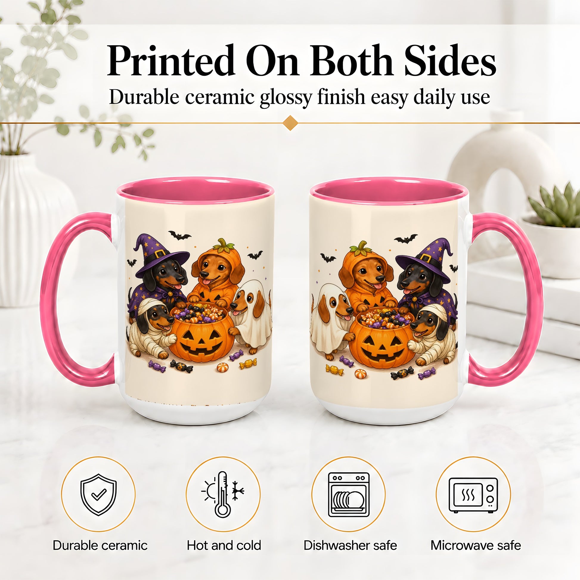 #pl[15oz|Pink] Halloween Dachshunds Accent Mug, Ceramic Mug with Costume Dog Artwork