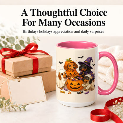 #pl[15oz|Pink] Halloween Dachshunds Accent Mug, Ceramic Mug with Costume Dog Artwork