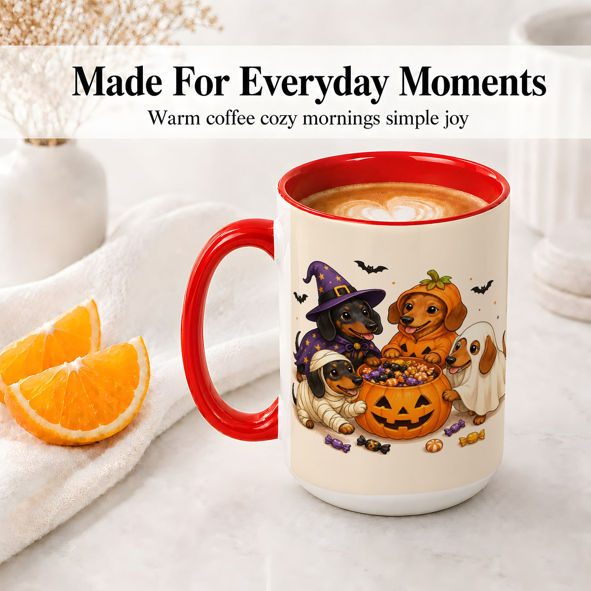 #pl[15oz|Red] Halloween Dachshunds Accent Mug, Ceramic Mug with Costume Dog Artwork