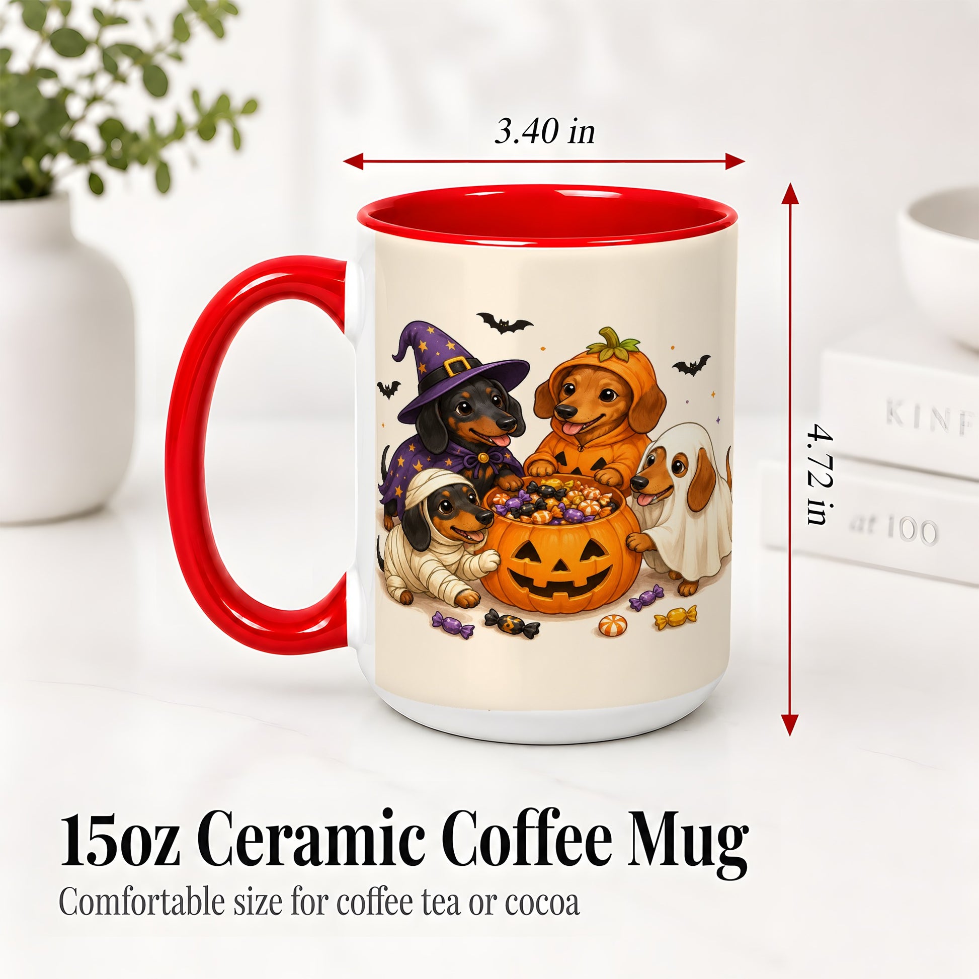 #pl[15oz|Red] Halloween Dachshunds Accent Mug, Ceramic Mug with Costume Dog Artwork