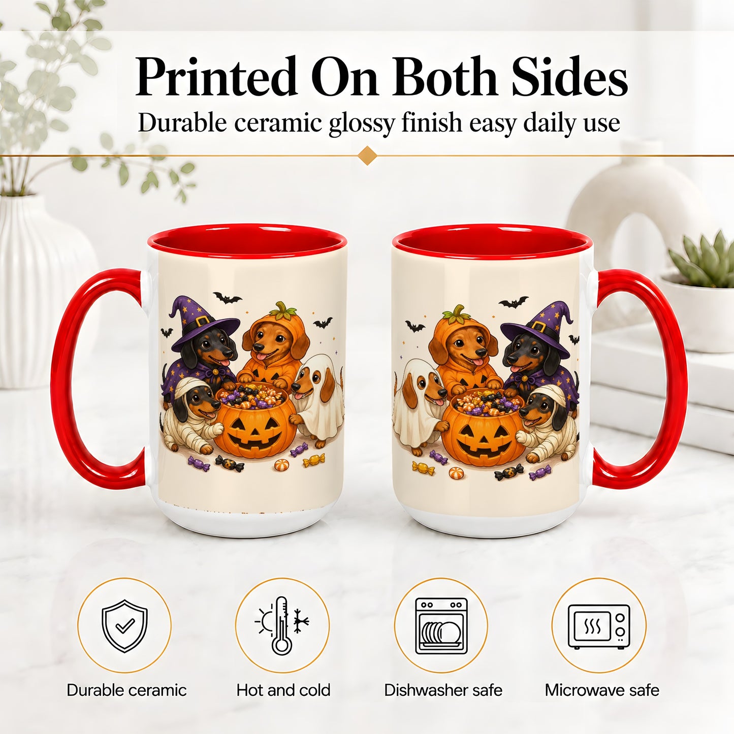 #pl[15oz|Red] Halloween Dachshunds Accent Mug, Ceramic Mug with Costume Dog Artwork