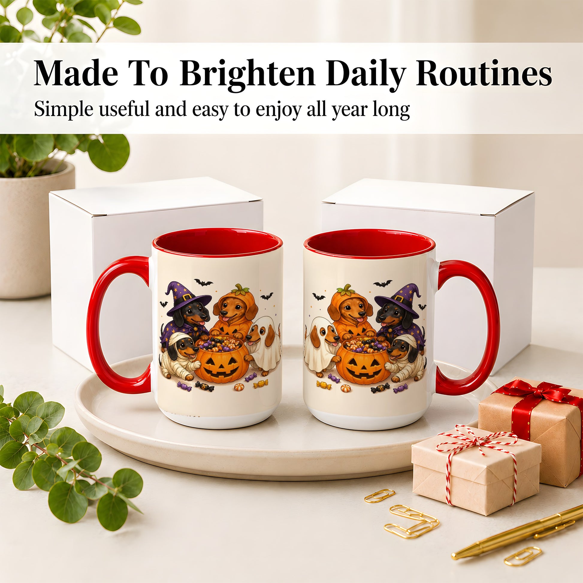 #pl[15oz|Red] Halloween Dachshunds Accent Mug, Ceramic Mug with Costume Dog Artwork