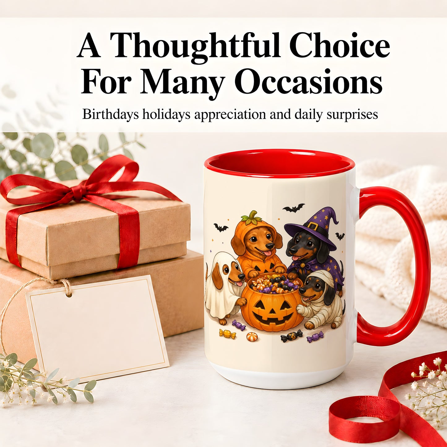 #pl[15oz|Red] Halloween Dachshunds Accent Mug, Ceramic Mug with Costume Dog Artwork