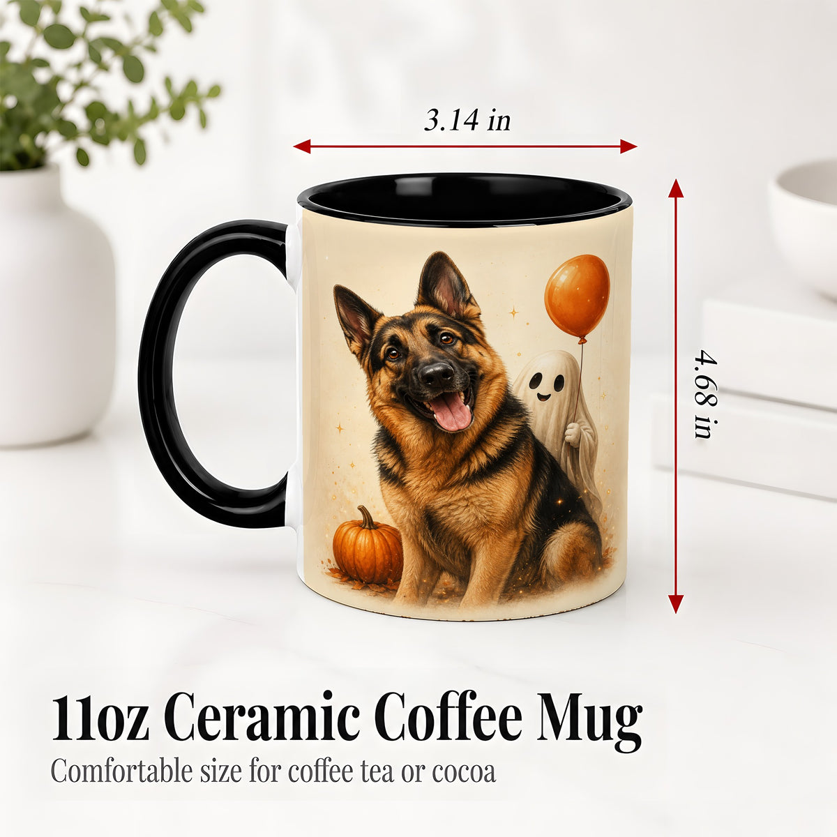 #pl[11oz|Black] German Shepherd Halloween Accent Mug, Ceramic Mug with Ghost Artwork