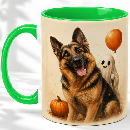 #pl[11oz|Green] German Shepherd Halloween Accent Mug, Ceramic Mug with Ghost Artwork