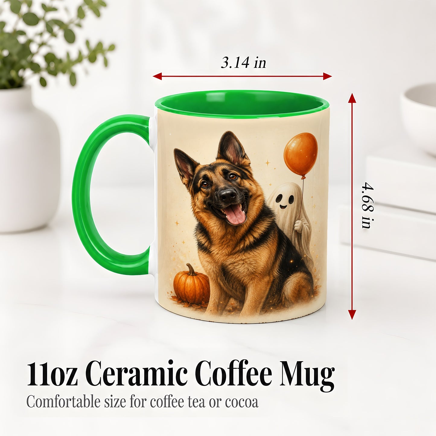 #pl[11oz|Green] German Shepherd Halloween Accent Mug, Ceramic Mug with Ghost Artwork