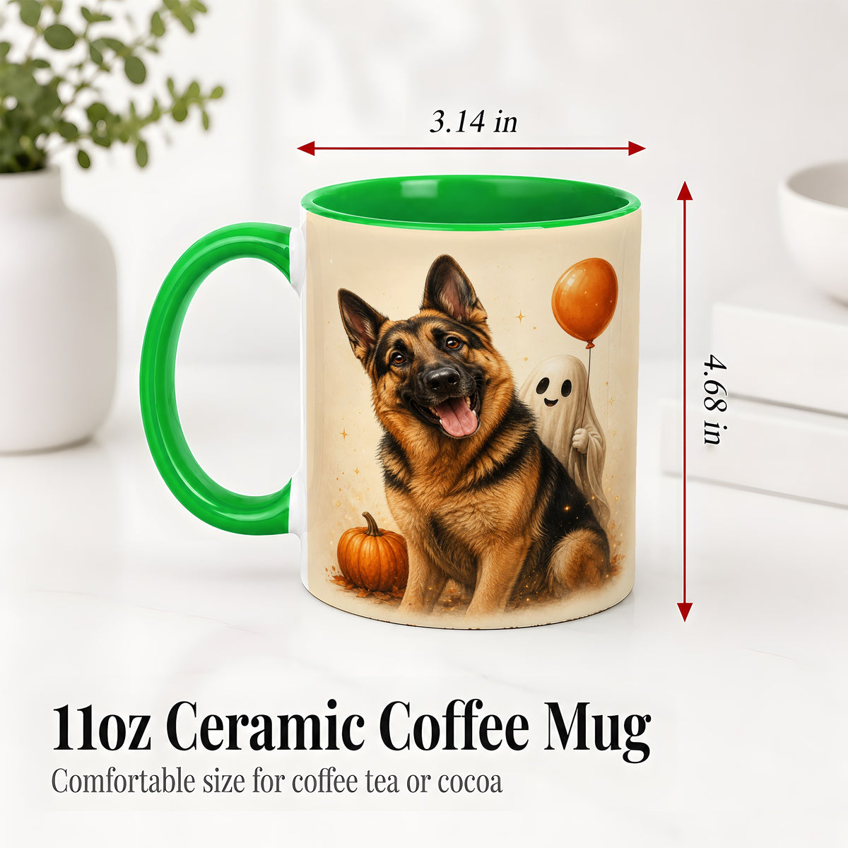 #pl[11oz|Green] German Shepherd Halloween Accent Mug, Ceramic Mug with Ghost Artwork