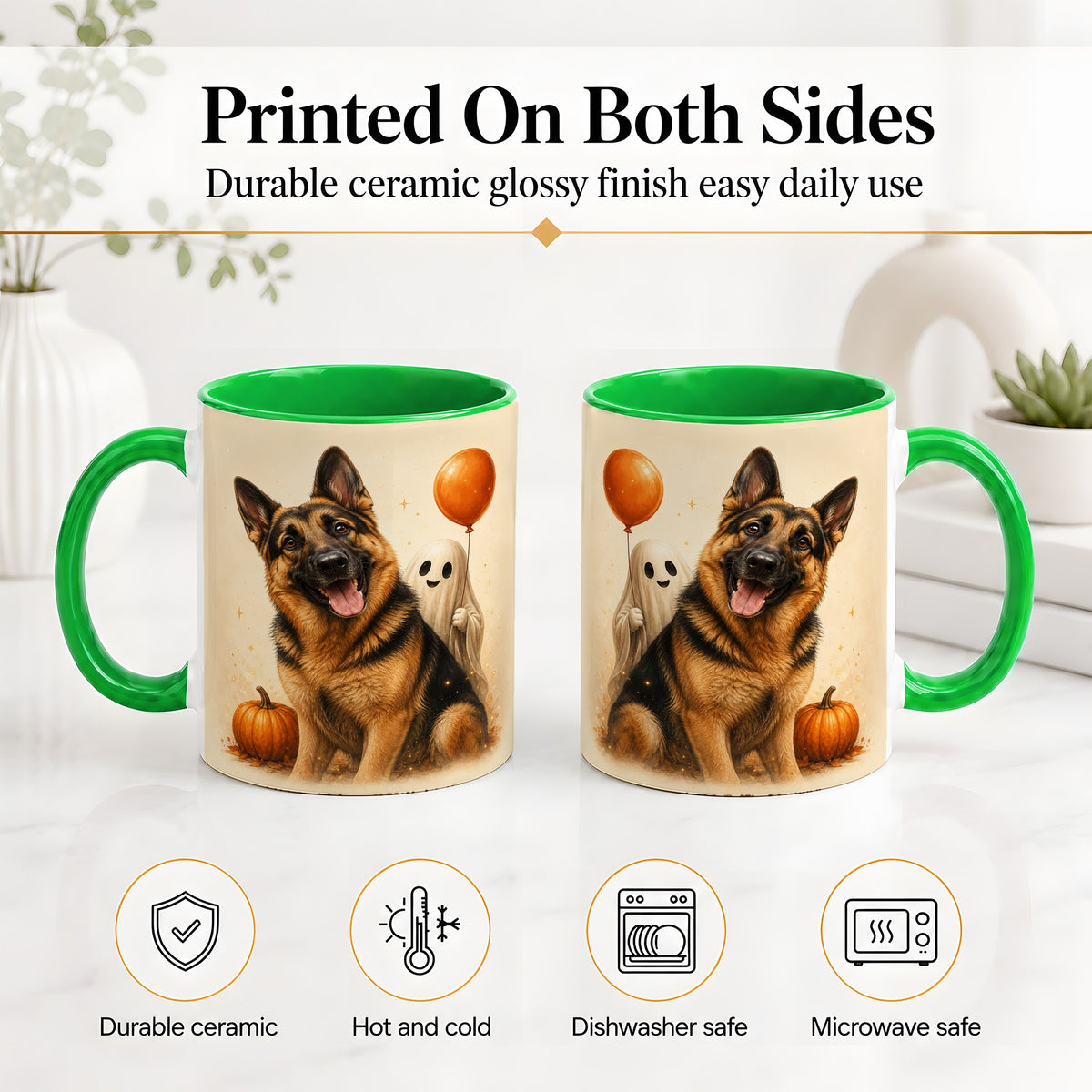 #pl[11oz|Green] German Shepherd Halloween Accent Mug, Ceramic Mug with Ghost Artwork
