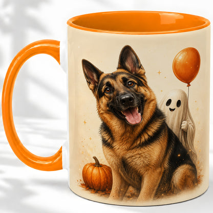 #pl[11oz|Orange] German Shepherd Halloween Accent Mug, Ceramic Mug with Ghost Artwork
