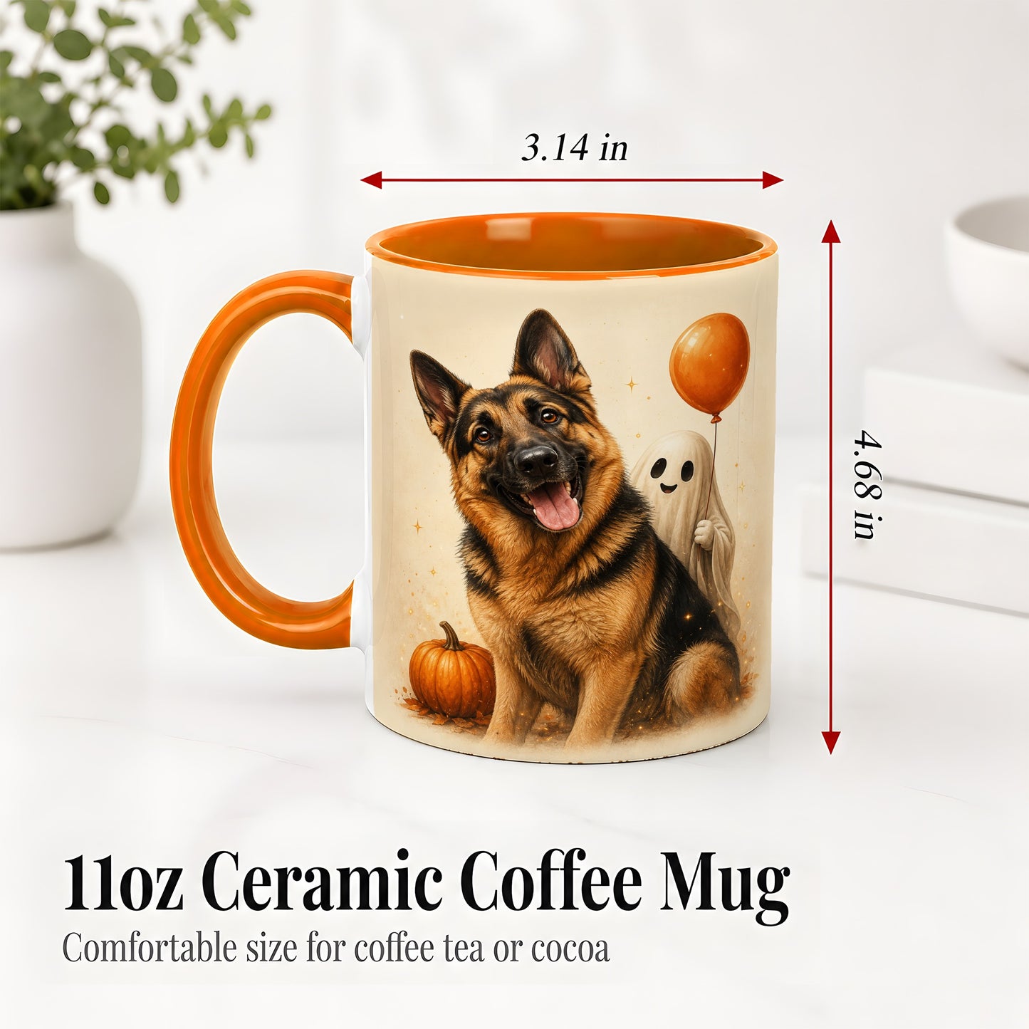 #pl[11oz|Orange] German Shepherd Halloween Accent Mug, Ceramic Mug with Ghost Artwork