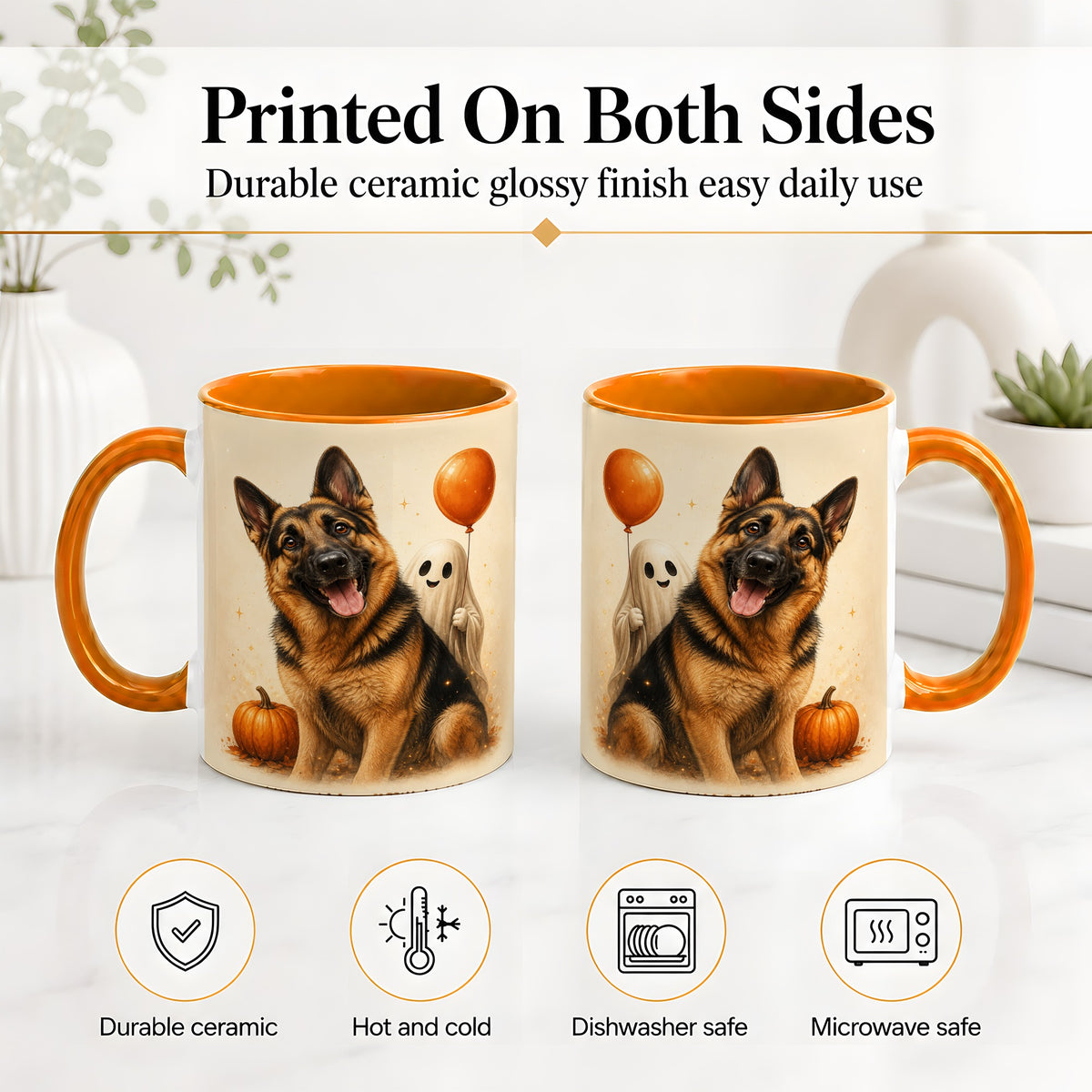 #pl[11oz|Orange] German Shepherd Halloween Accent Mug, Ceramic Mug with Ghost Artwork