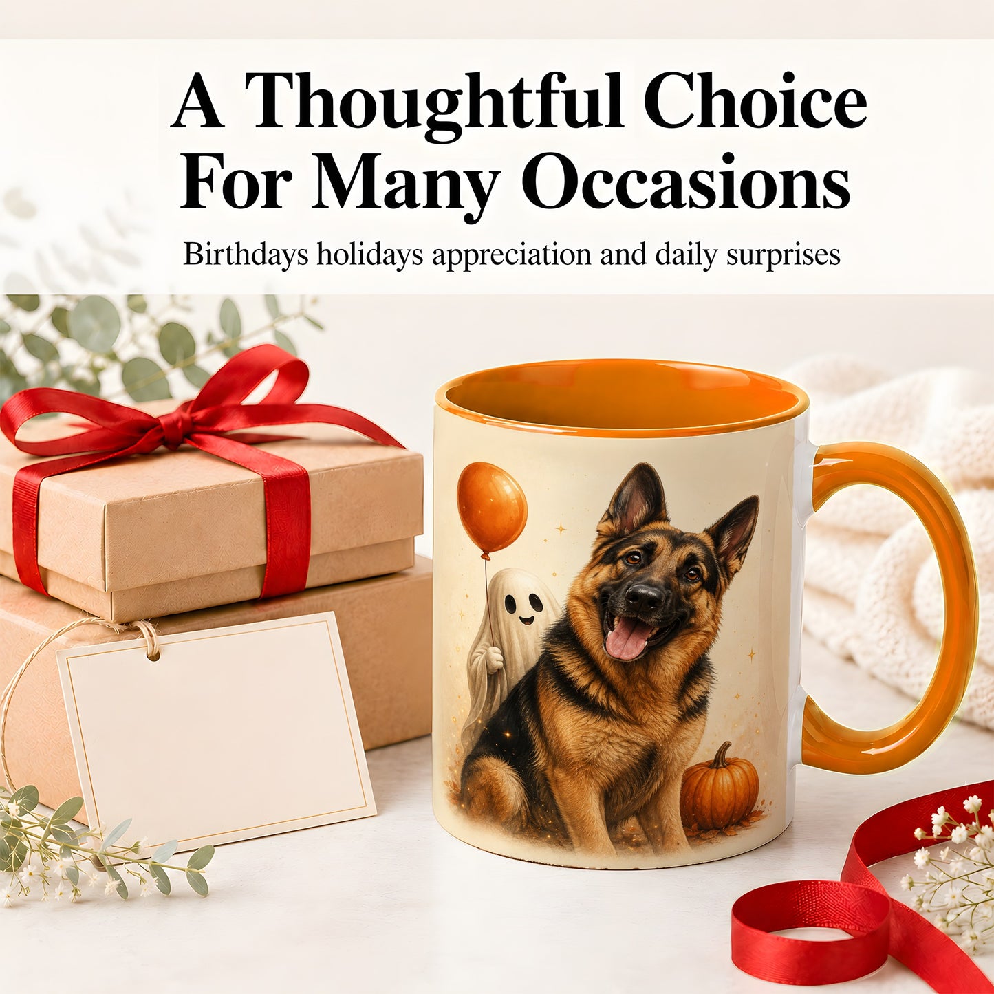 #pl[11oz|Orange] German Shepherd Halloween Accent Mug, Ceramic Mug with Ghost Artwork