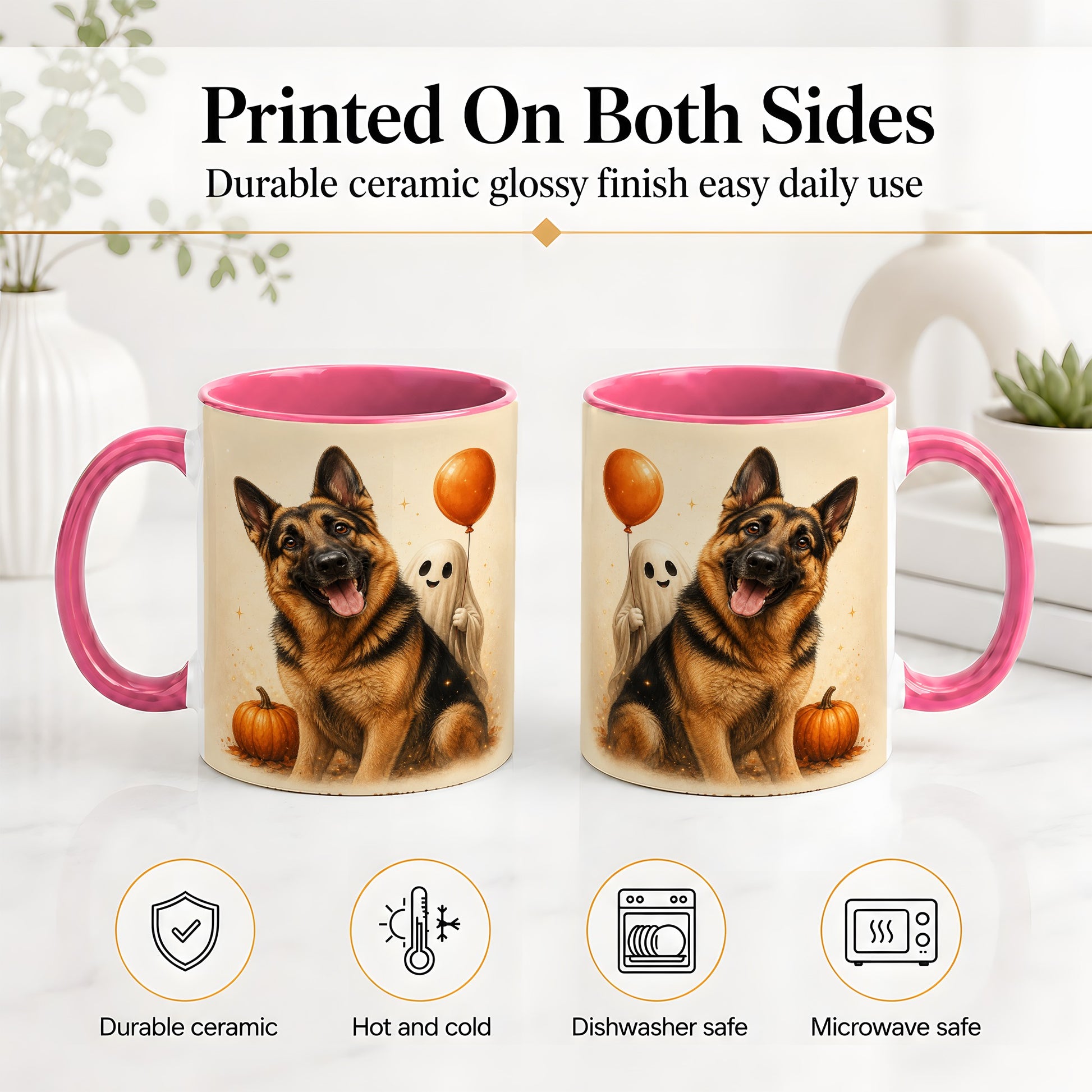 #pl[11oz|Pink] German Shepherd Halloween Accent Mug, Ceramic Mug with Ghost Artwork