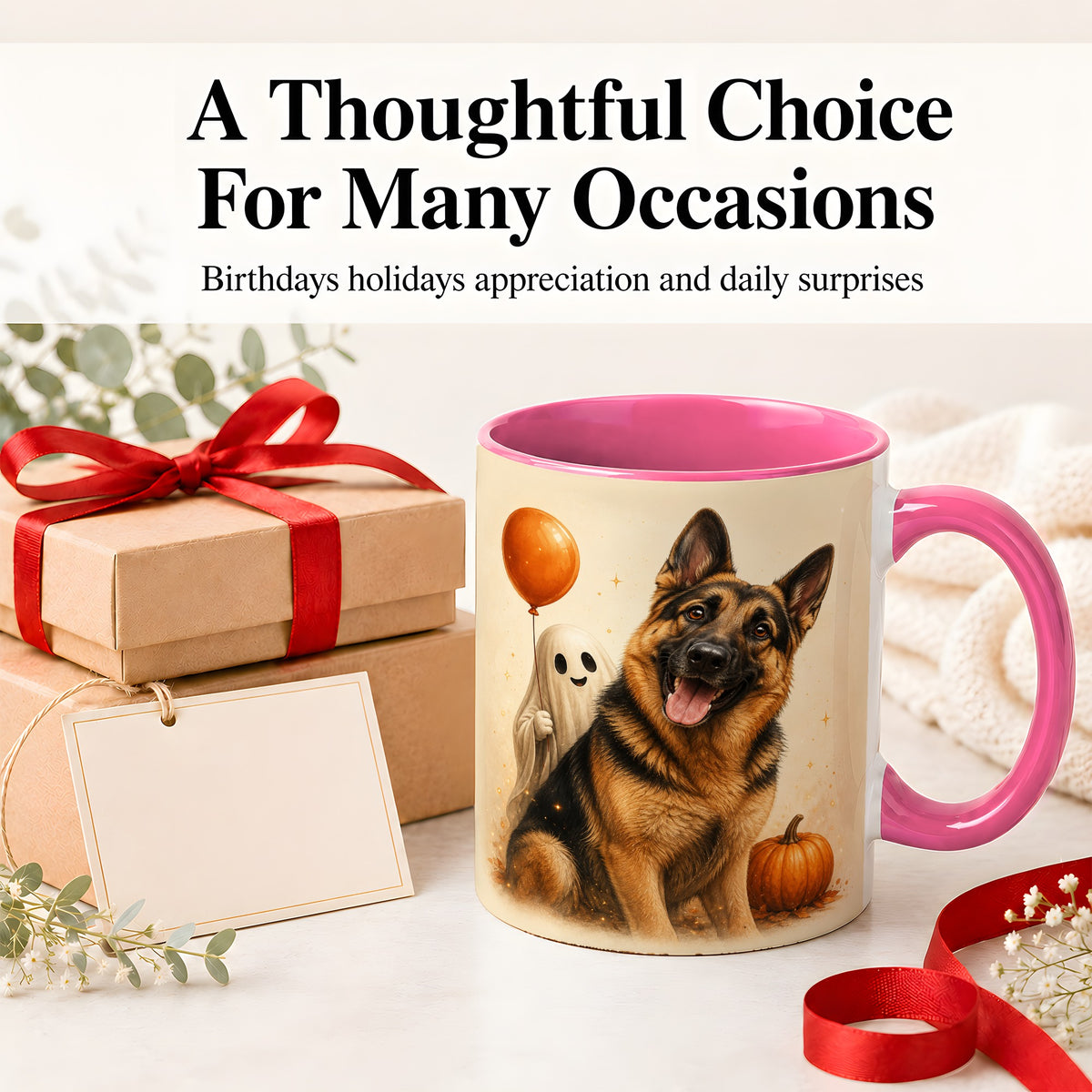 #pl[11oz|Pink] German Shepherd Halloween Accent Mug, Ceramic Mug with Ghost Artwork