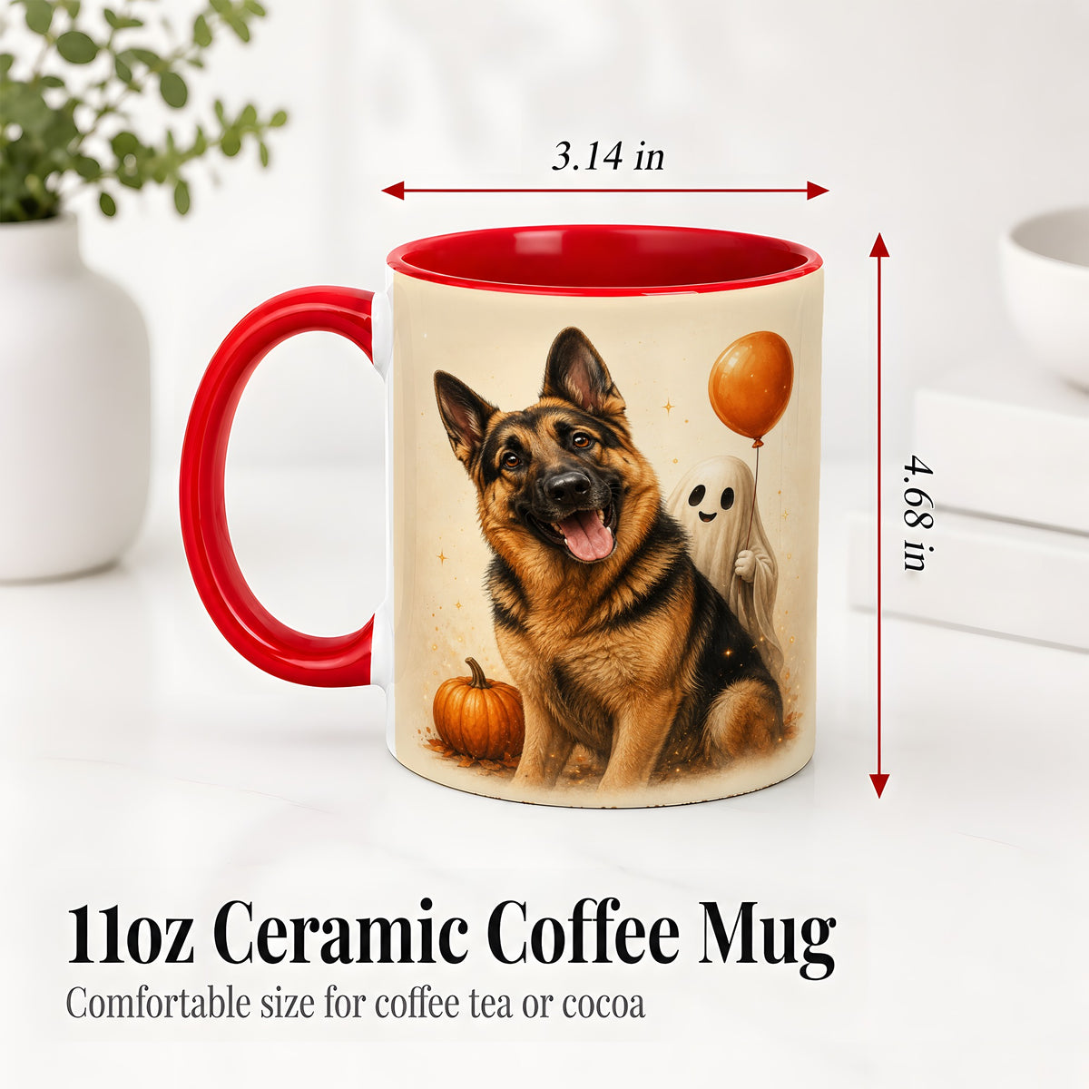 #pl[11oz|Red] German Shepherd Halloween Accent Mug, Ceramic Mug with Ghost Artwork