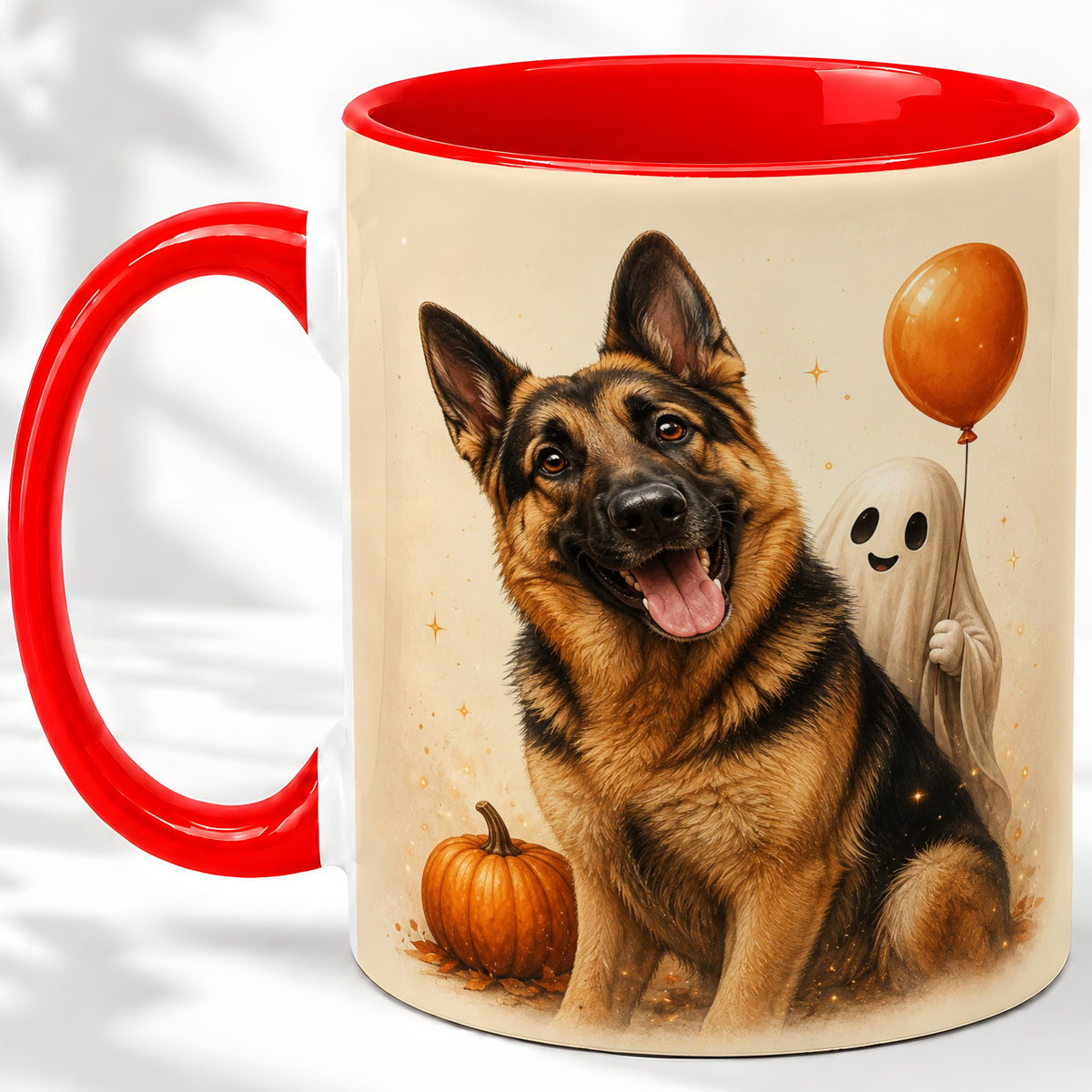 German Shepherd Halloween Accent Mug, Ceramic Mug with Ghost Artwork