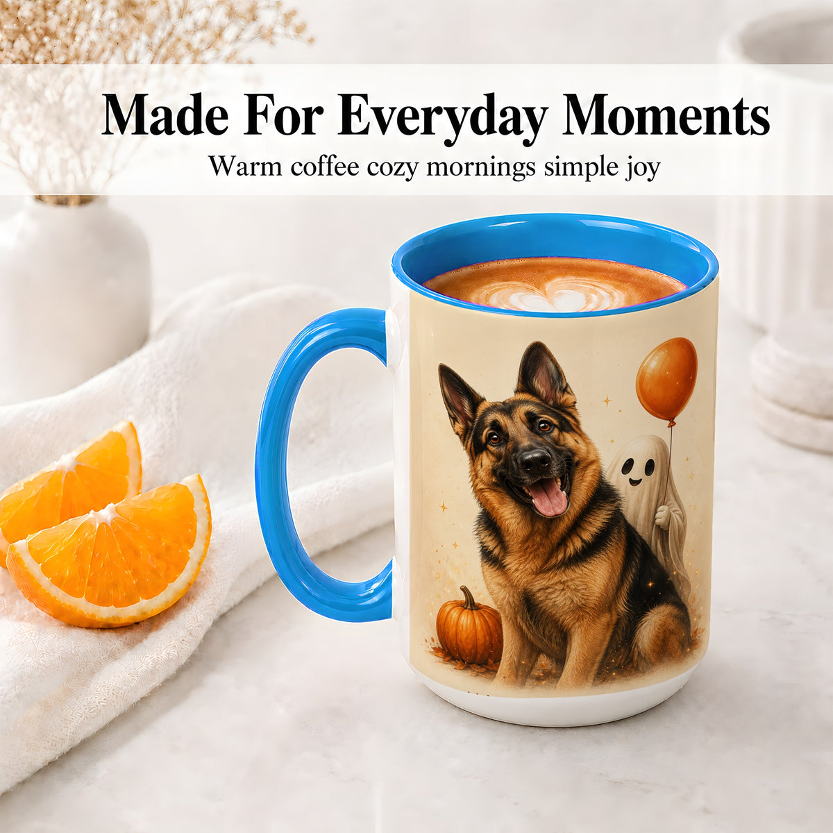 #pl[15oz|Blue] German Shepherd Halloween Accent Mug, Ceramic Mug with Ghost Artwork