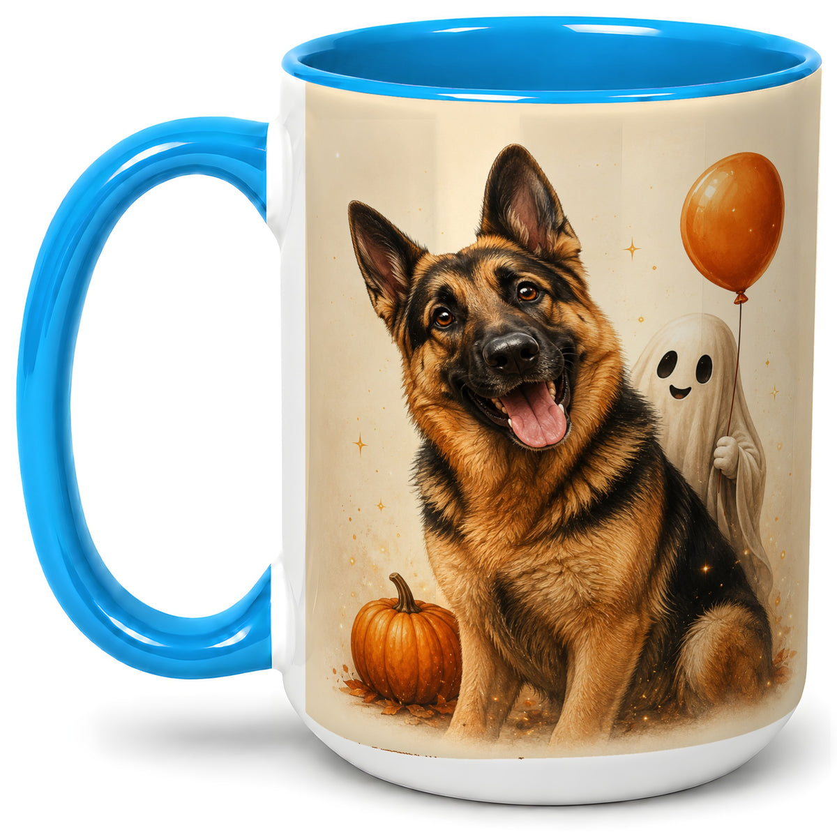 #pl[15oz|Blue] German Shepherd Halloween Accent Mug, Ceramic Mug with Ghost Artwork