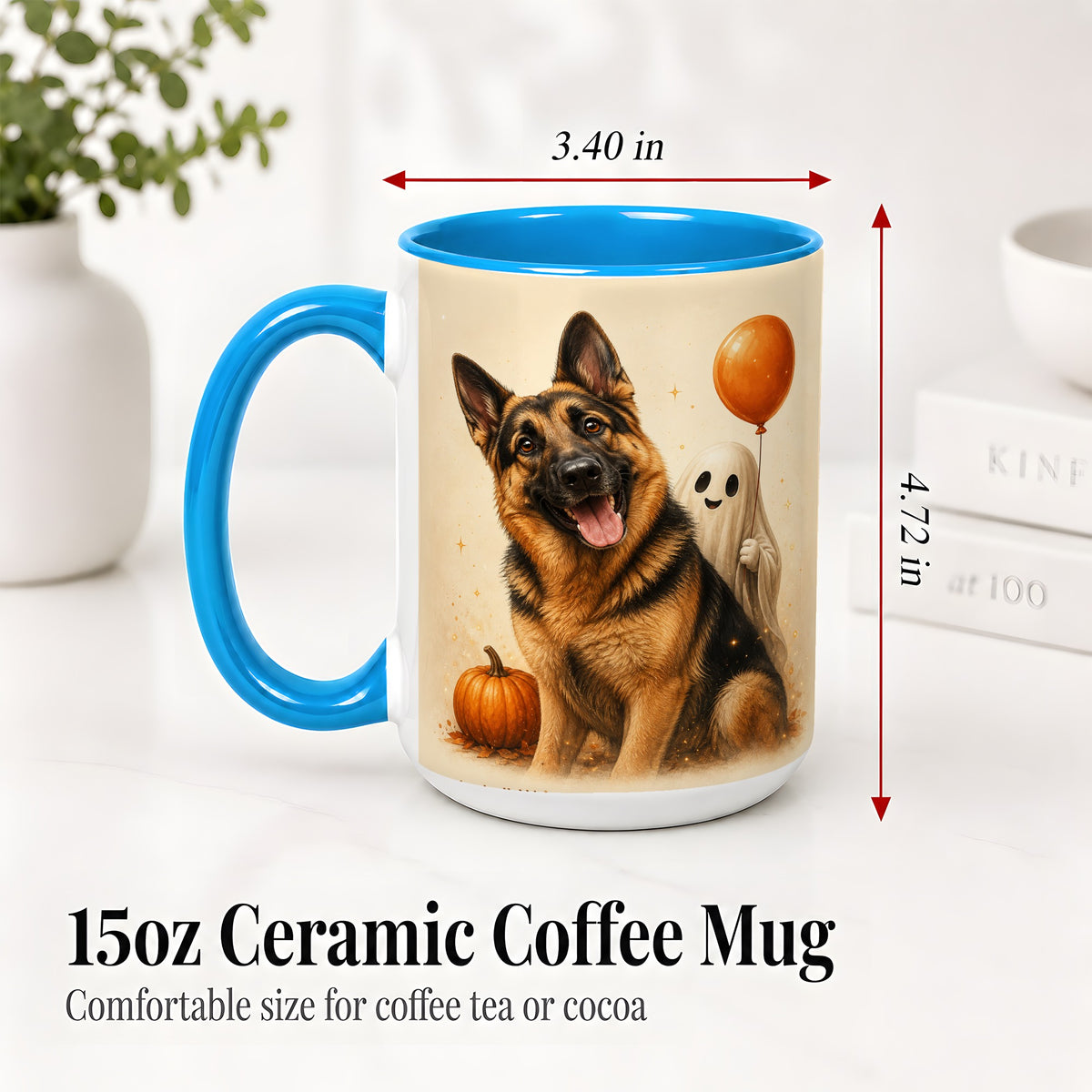 #pl[15oz|Blue] German Shepherd Halloween Accent Mug, Ceramic Mug with Ghost Artwork