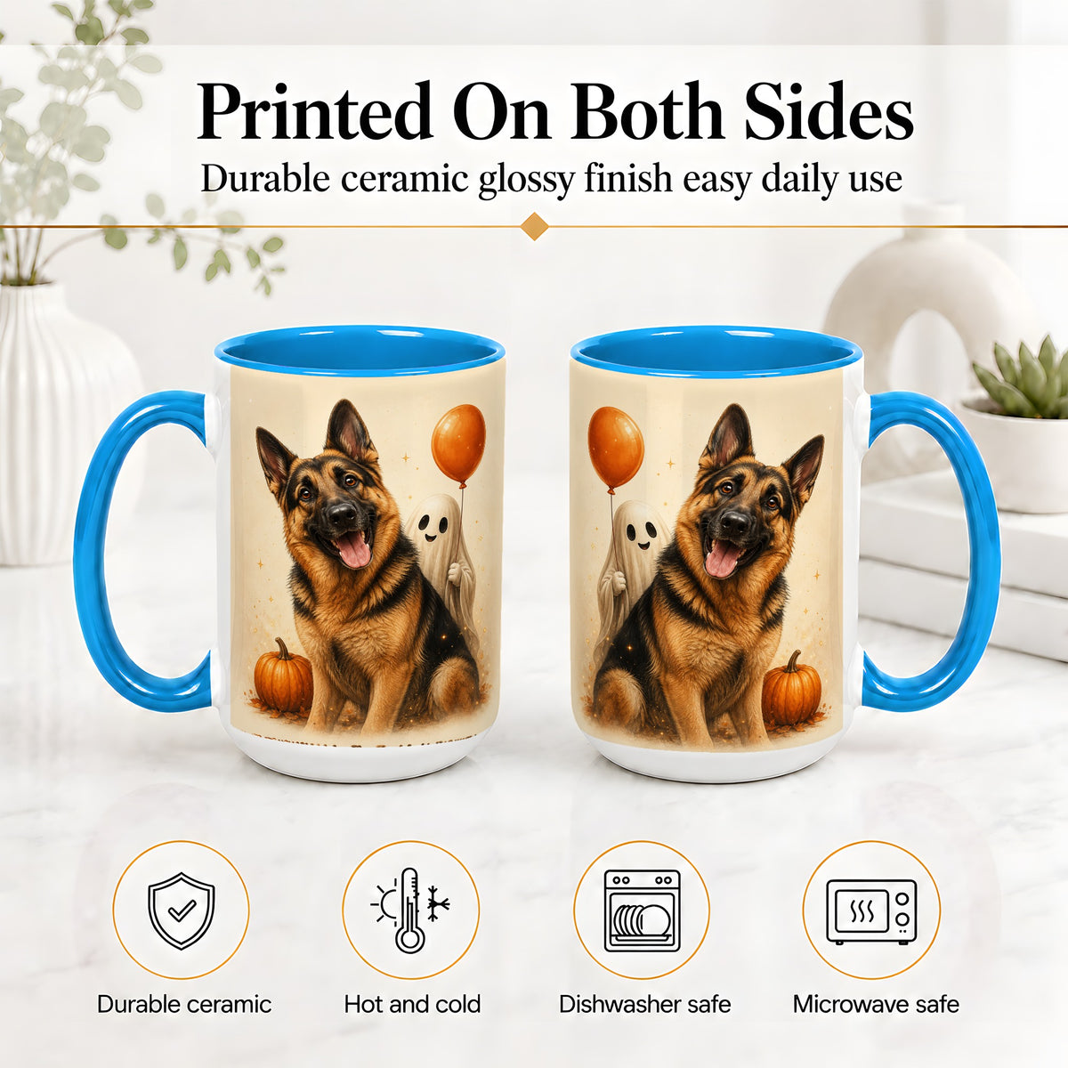 #pl[15oz|Blue] German Shepherd Halloween Accent Mug, Ceramic Mug with Ghost Artwork
