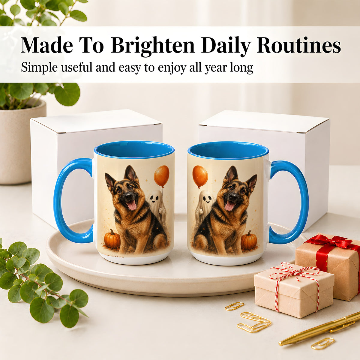 #pl[15oz|Blue] German Shepherd Halloween Accent Mug, Ceramic Mug with Ghost Artwork