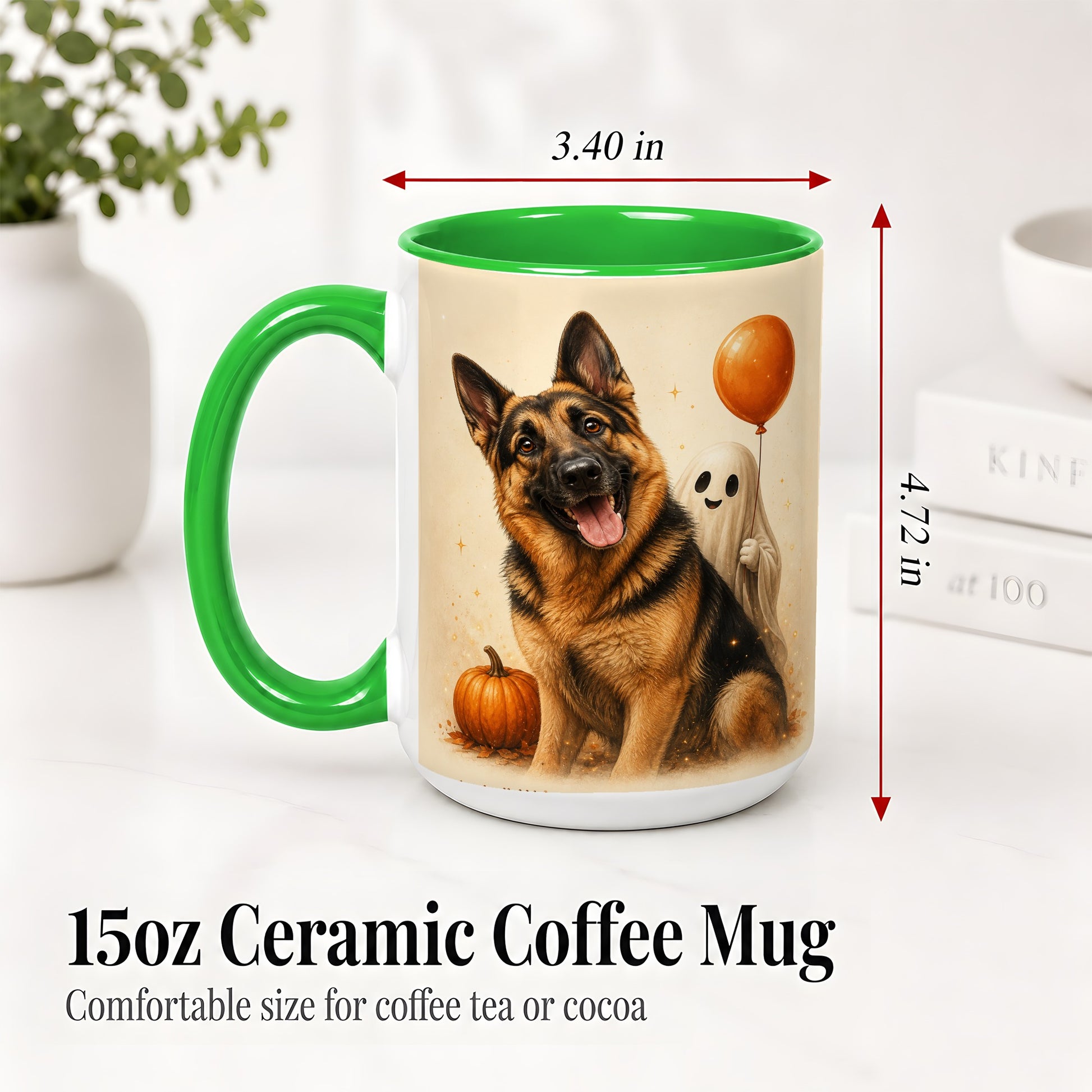 #pl[15oz|Green] German Shepherd Halloween Accent Mug, Ceramic Mug with Ghost Artwork