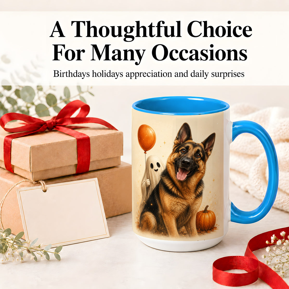 #pl[15oz|Blue] German Shepherd Halloween Accent Mug, Ceramic Mug with Ghost Artwork