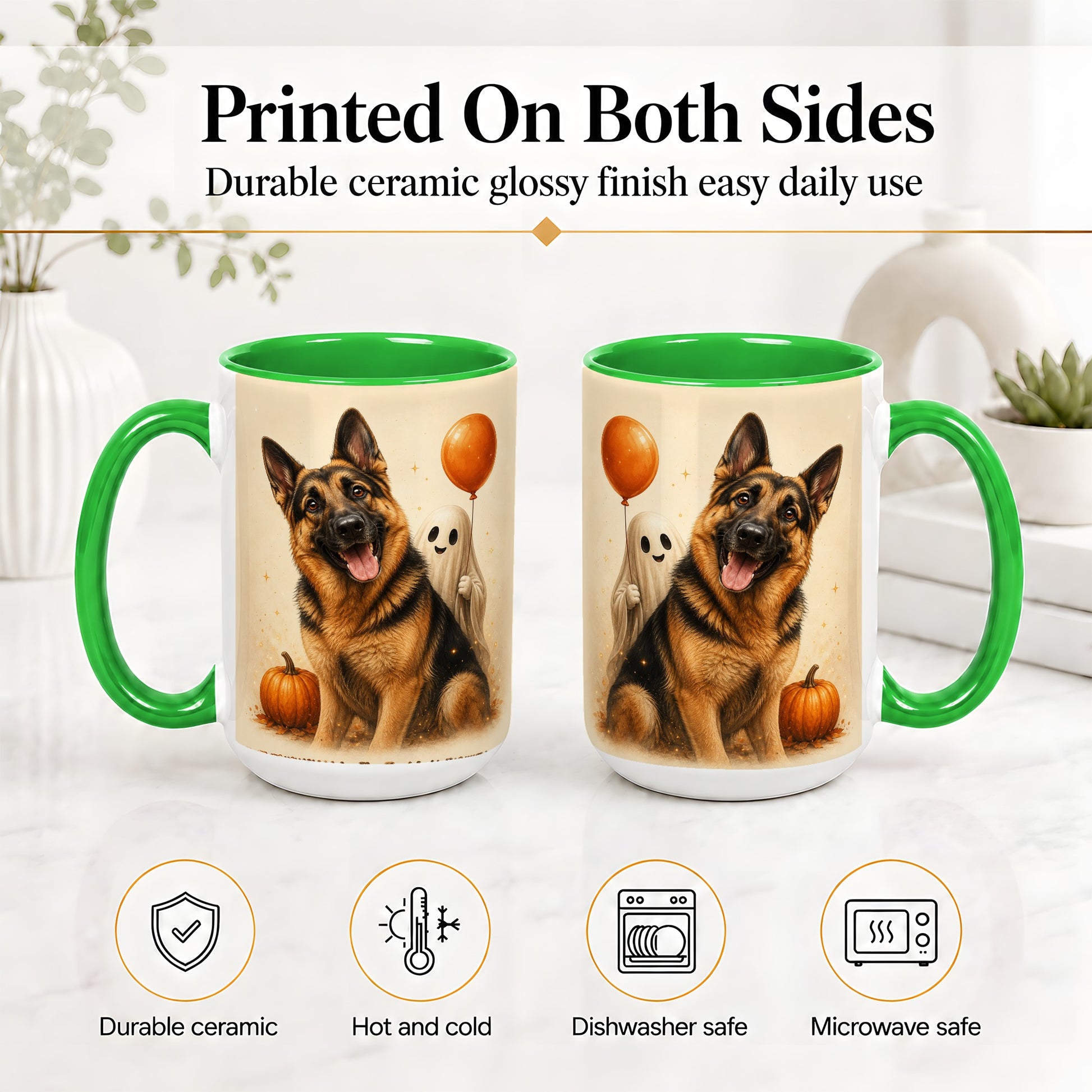 #pl[15oz|Green] German Shepherd Halloween Accent Mug, Ceramic Mug with Ghost Artwork