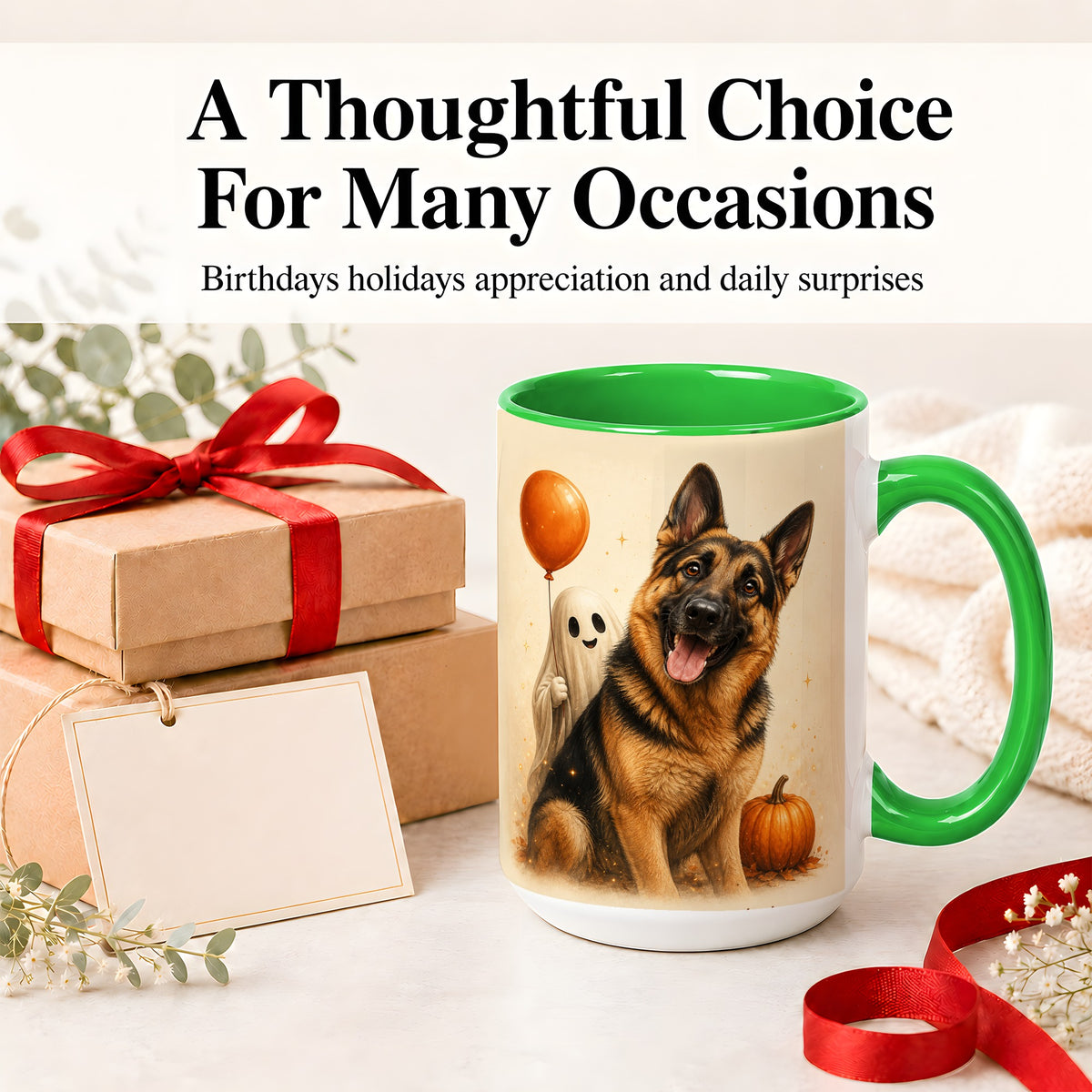 #pl[15oz|Green] German Shepherd Halloween Accent Mug, Ceramic Mug with Ghost Artwork