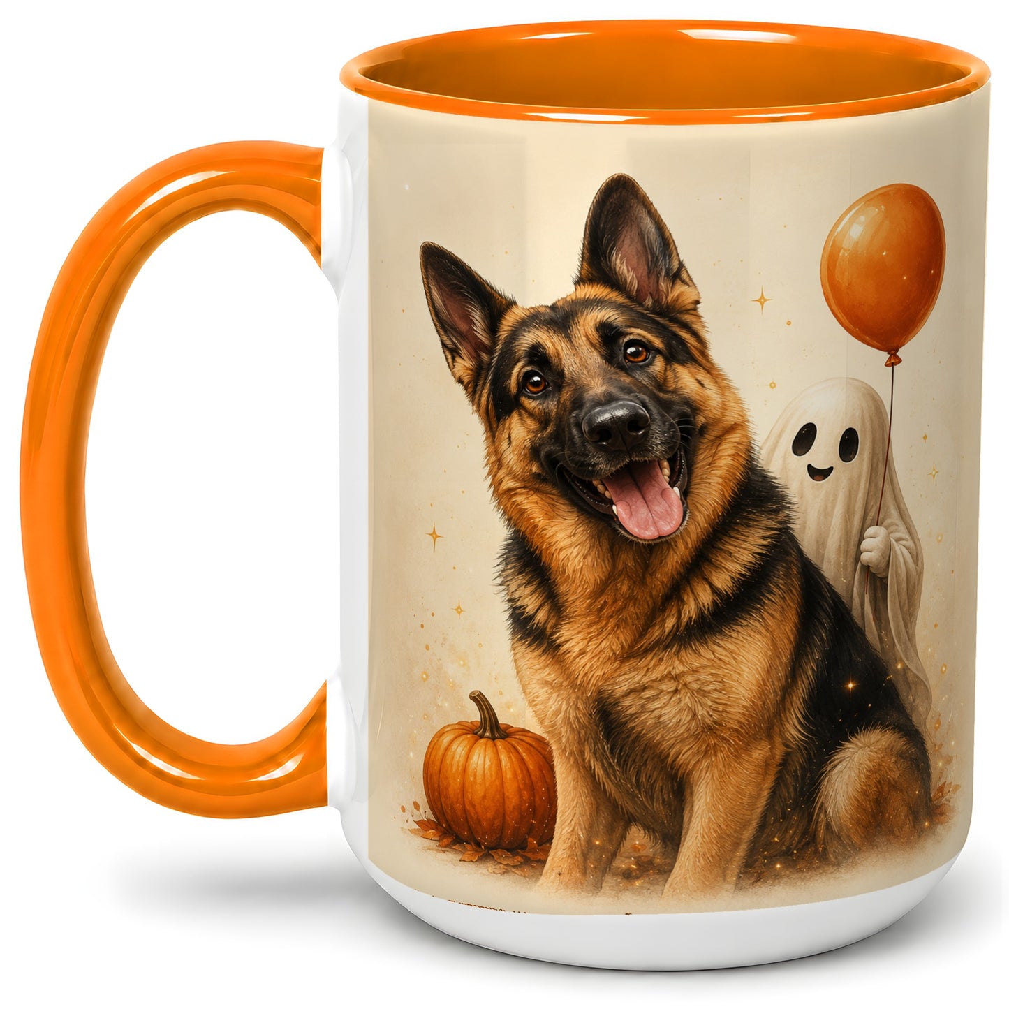 #pl[15oz|Orange] German Shepherd Halloween Accent Mug, Ceramic Mug with Ghost Artwork