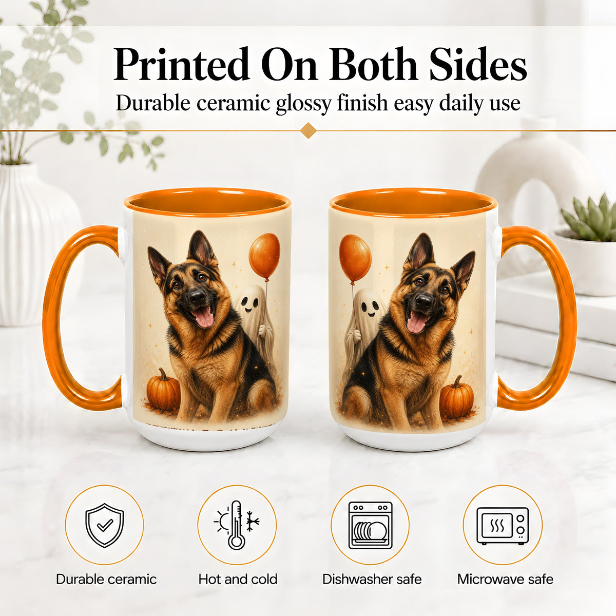#pl[15oz|Orange] German Shepherd Halloween Accent Mug, Ceramic Mug with Ghost Artwork