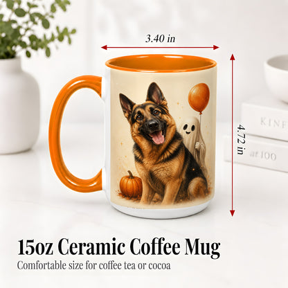 #pl[15oz|Orange] German Shepherd Halloween Accent Mug, Ceramic Mug with Ghost Artwork