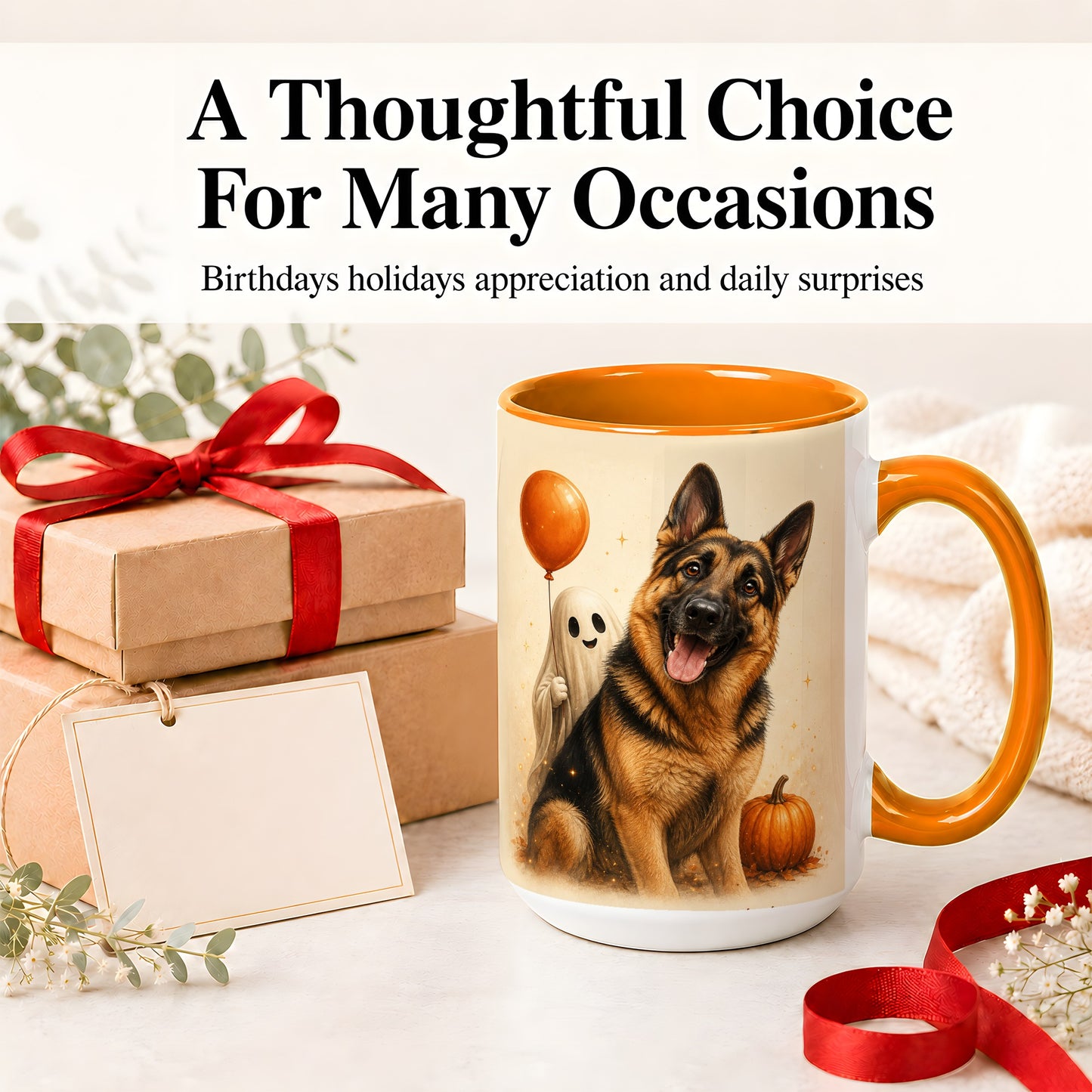 #pl[15oz|Orange] German Shepherd Halloween Accent Mug, Ceramic Mug with Ghost Artwork