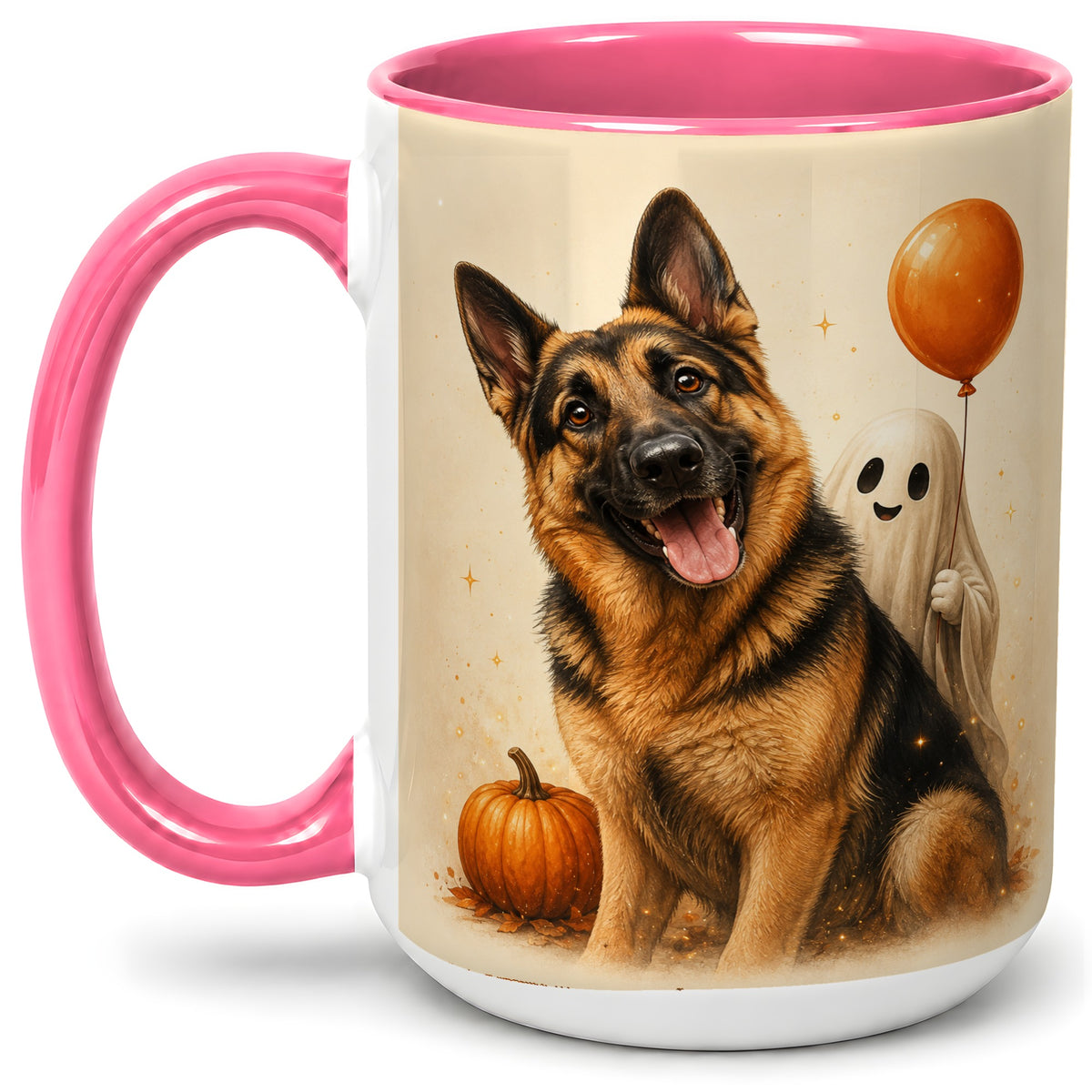 #pl[15oz|Pink] German Shepherd Halloween Accent Mug, Ceramic Mug with Ghost Artwork